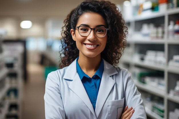 Portrait of pharmacist woman in a pharmacy Drugstore with shelves health care products