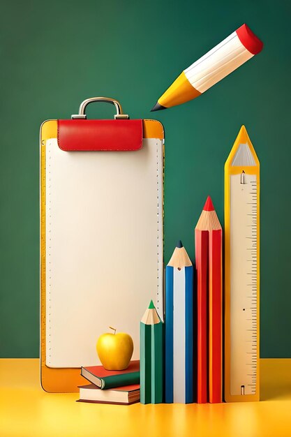 Foto ritratto foto di ritorno a scuola articoli di cancelleria elemento di istruzione cartone animato su sfondo giallo 3d