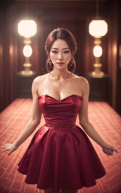 Portrait photo of beautiful asian woman in dress at luxury hall night generative AI