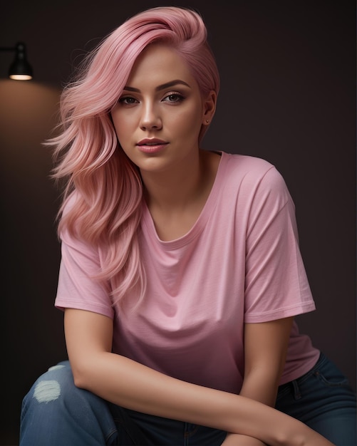 Portrait photo of beautiful girl model smiling pink tshirt hair