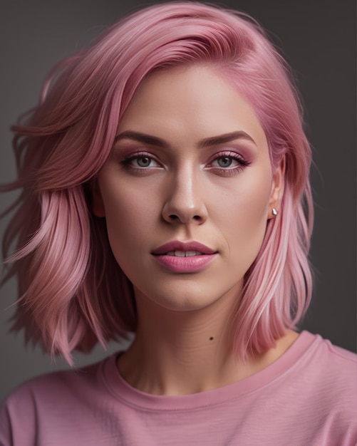 Portrait photo of beautiful girl model smiling pink tshirt hair