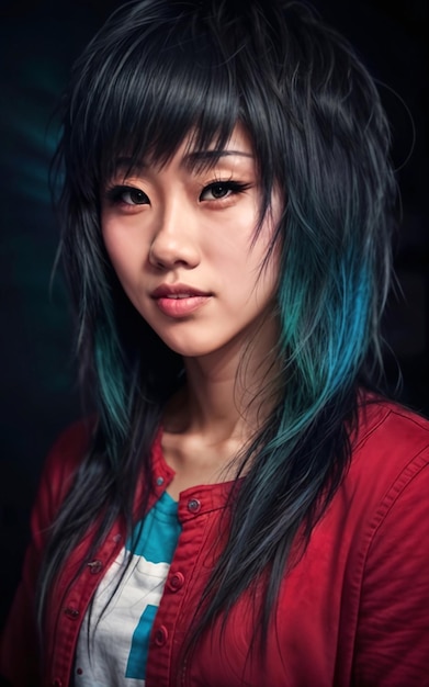 Portrait photo of beautiful teenage asian woman with trending hairstyle in dark room with light in background generative AI