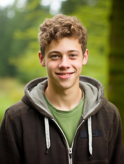 Foto ritratto di un adolescente belga con i capelli ricci che sorride