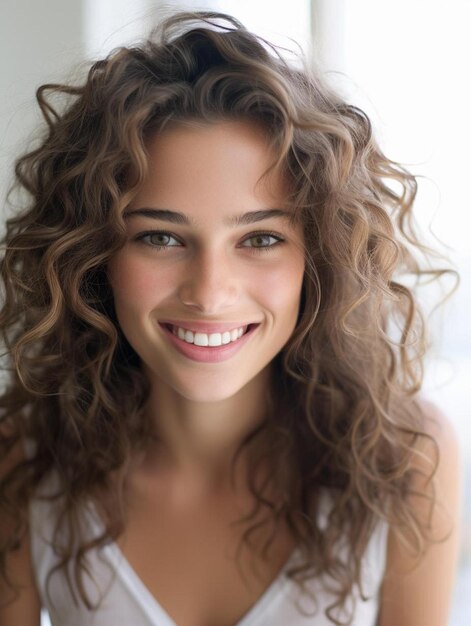 Portrait photo of british teenage female curly hair smiling