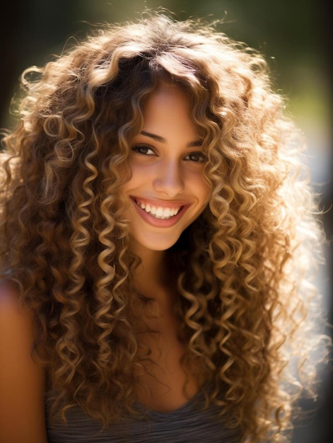 Foto ritratto di una adolescente britannica con i capelli ricci che sorride