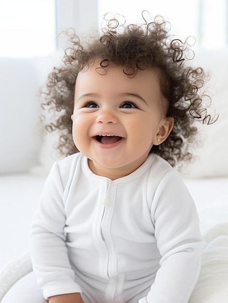 Portrait photo of canadian infant female wavy hair smiling