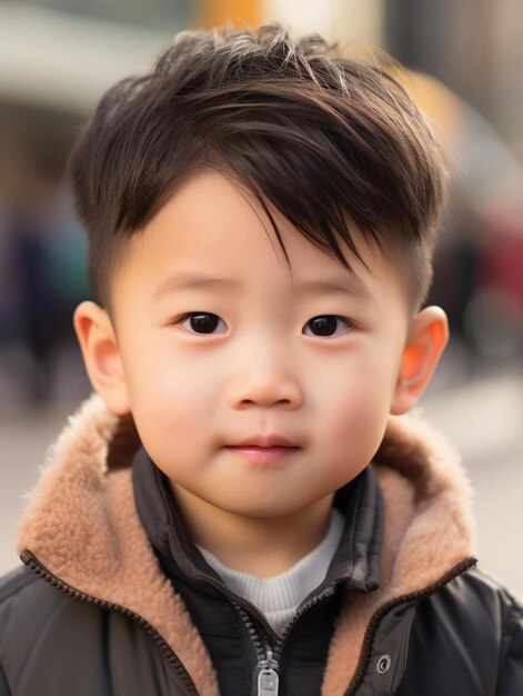 Portrait photo of chinese infant male curly hair smiling