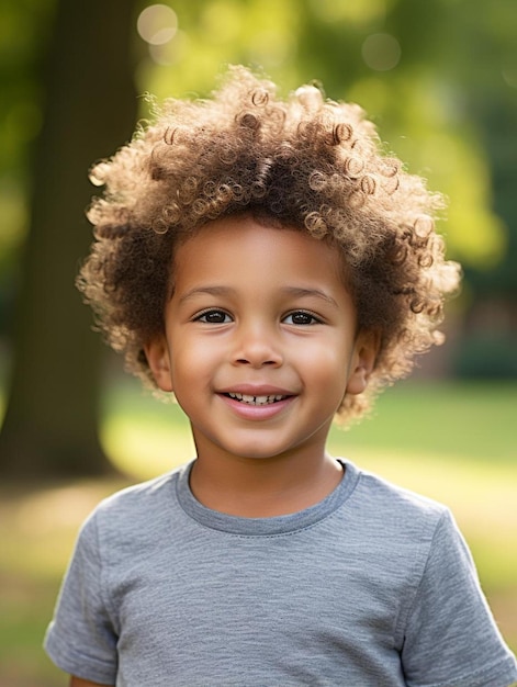 Portrait photo of colombian infant male curly hair smiling