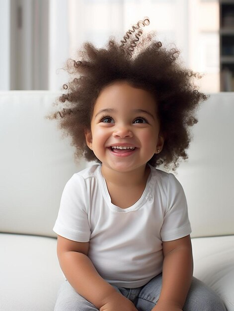 Portrait photo of colombian toddler female curly hair smiling