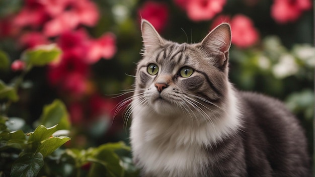 Portrait photo of cute and fluffy kitten in garden peaking out full of red hibicus flowers