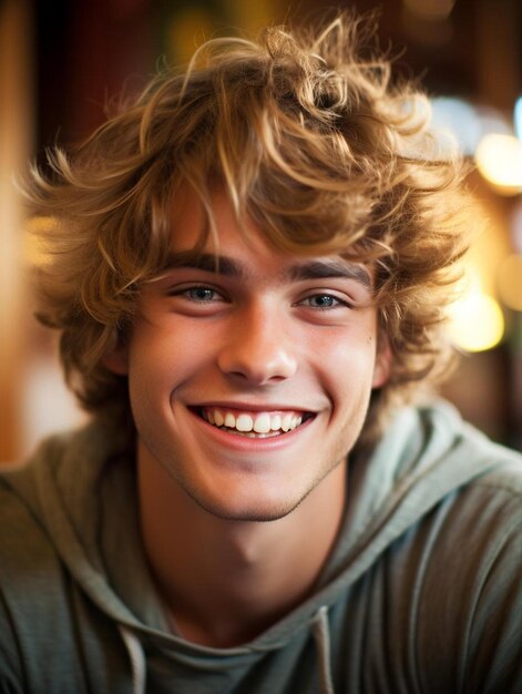 Portrait photo of german teenage male curly hair smiling