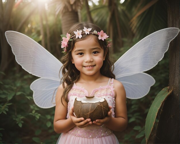 A portrait photo a girl fairy holding a coconut