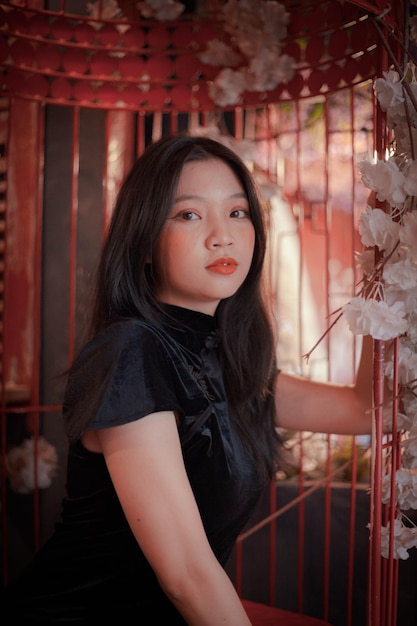 Portrait photo of a girl wearing a black gray dress