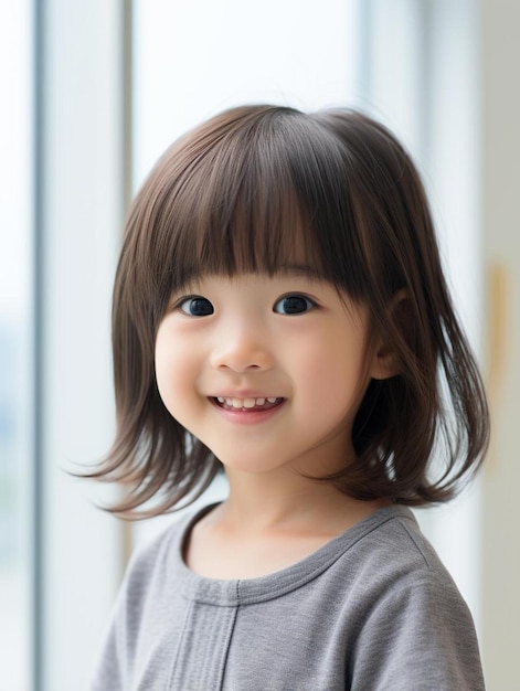 Portrait photo of japanese toddler female straight hair smiling