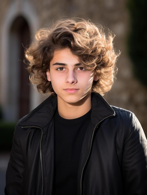 レバノンの 10 代男性のウェーブのかかった髪の肖像写真