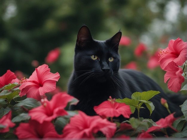 Портретное фото величественного черного кота в саду, усыпанного красными цветами гибискуса