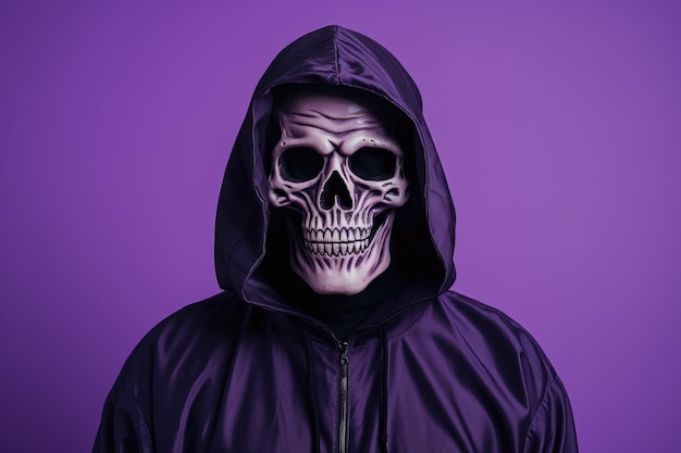Portrait photo of man in scary halloween costume and skeleton face make up purple background