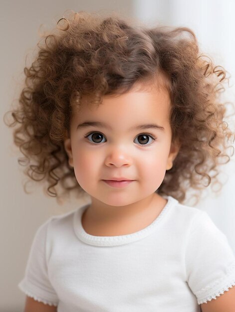 Portrait photo of mexican infant female wavy hair smiling