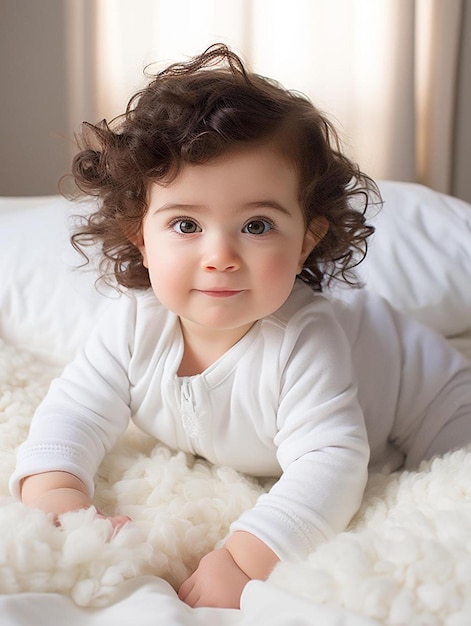 Portrait photo of mexican infant female wavy hair smiling