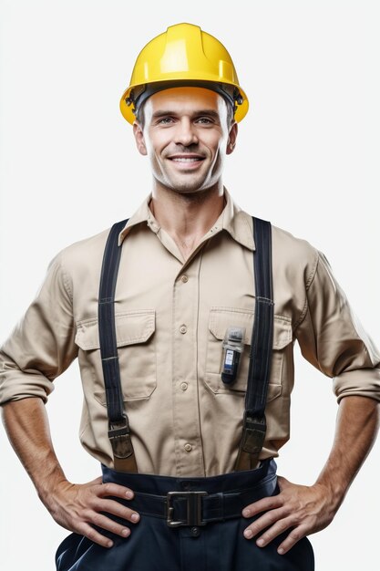 A portrait photo of a realistic smiling builder woman for the team of a website