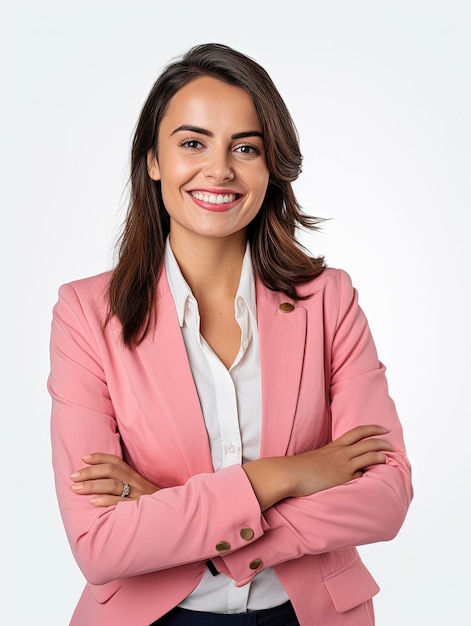 A portrait photo of a realistic smiling business woman for the team of a website view above the wai