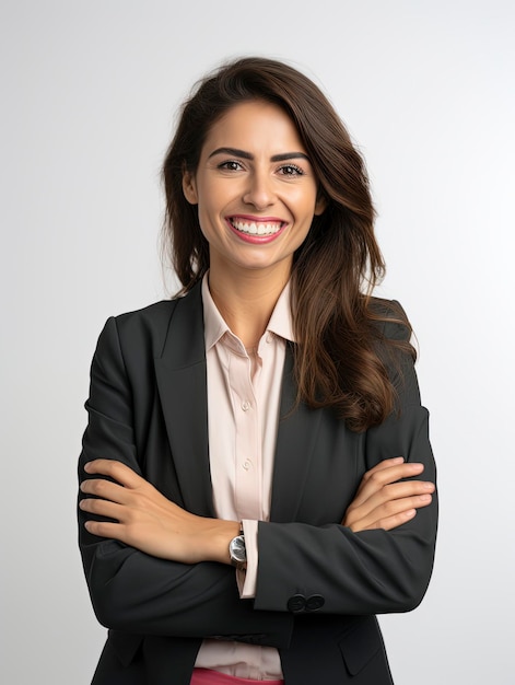 A portrait photo of a realistic smiling business woman for the team of a website view above the wais