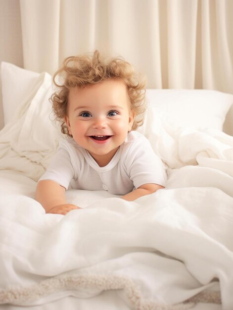 Portrait photo of spanish infant male curly hair smiling