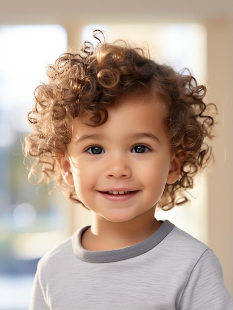 Portrait photo of swiss infant male curly hair smiling