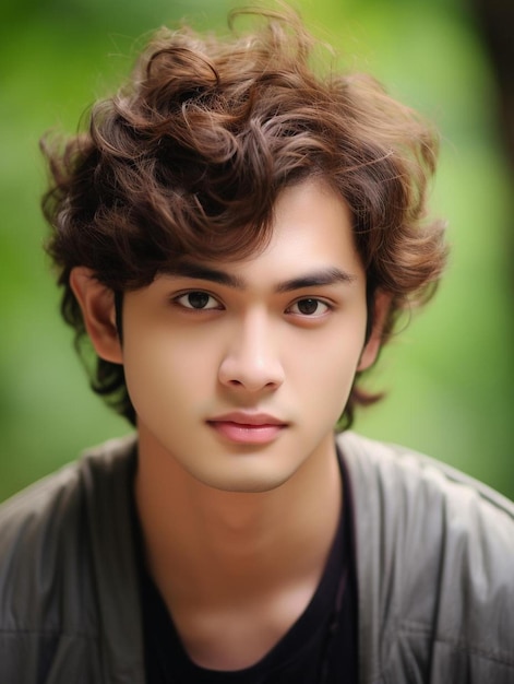 Portrait photo of thai teenage male curly hair