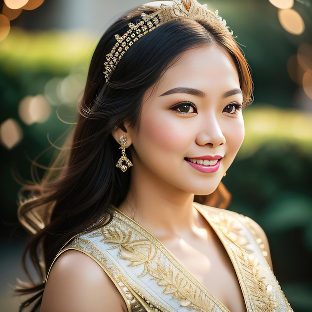 Portrait photo of young asian beautiful woman with flower bouquet