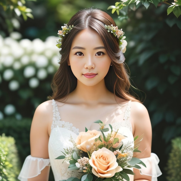 Portrait photo of young asian beautiful woman with flower bouquet