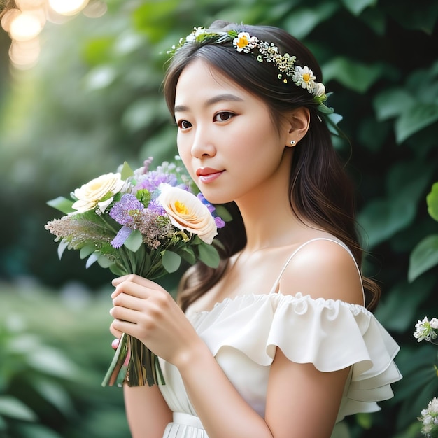 Portrait photo of young asian beautiful woman with flower bouquet