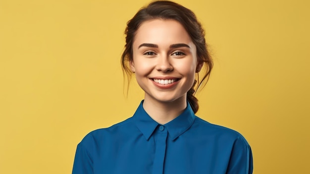 Portrait photo of young smile confident woman on color background