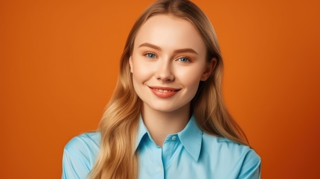 Portrait photo of young smile confident woman on color background