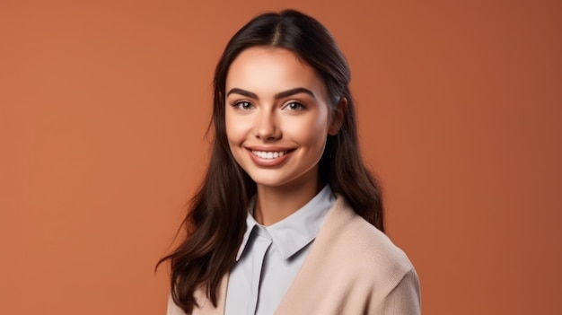 Portrait photo of young smile confident woman on color background