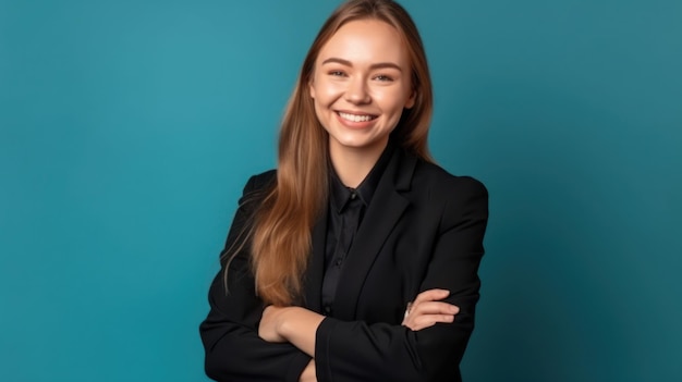 Portrait photo of young smile confident woman on color background