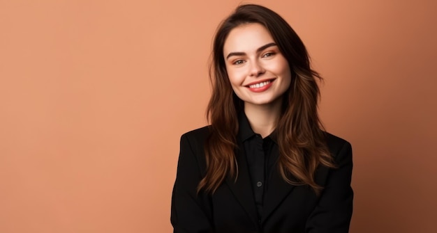 Portrait photo of young smile confident woman on color background