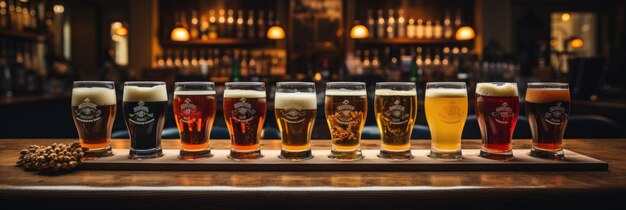 Photo portrait photograph of draft beer in glasses on the bar stand in a row the background