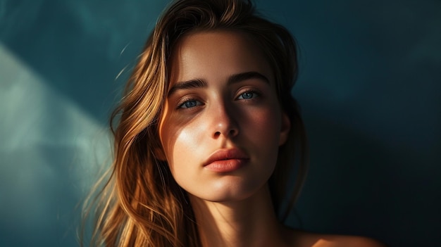 Портрет женщины с светлыми волосами и светло-голубыми глазами