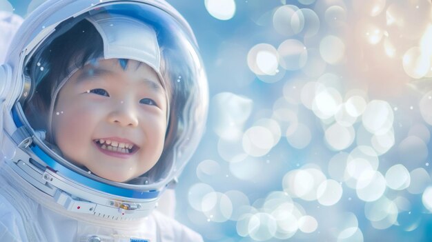 写真 3歳の中国人男の子が宇宙飛行士の服を着て明るい青色の明るい抽象的な背景で夏を過ごしています - ai generative