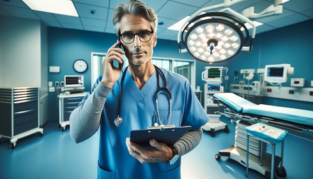 A portrait photography of a confident male doctor in blue scrubs standing in a hospital emergency