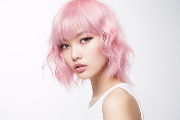 Portrait photoshoot high fashion korean asian beauty girl with coloured hair