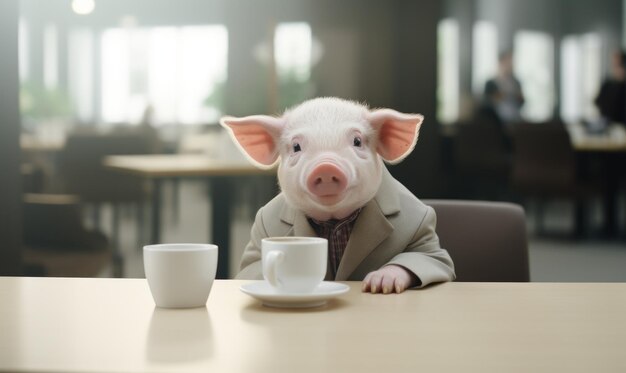 Portrait of a pig in a business suit sitting at a table