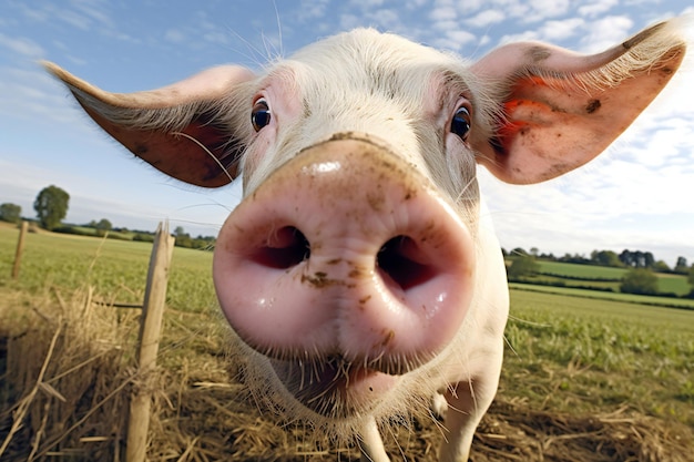 Portrait of a pig in a meadow closeup