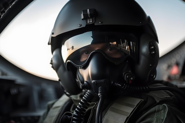 Ritratto di un pilota nel casco si trova nella cabina di pilotaggio di un  aereo da caccia