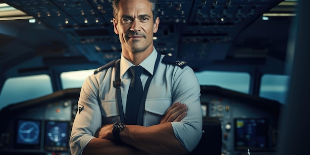 Photo portrait of a pilot standing in a plane with his arms folded generative ai