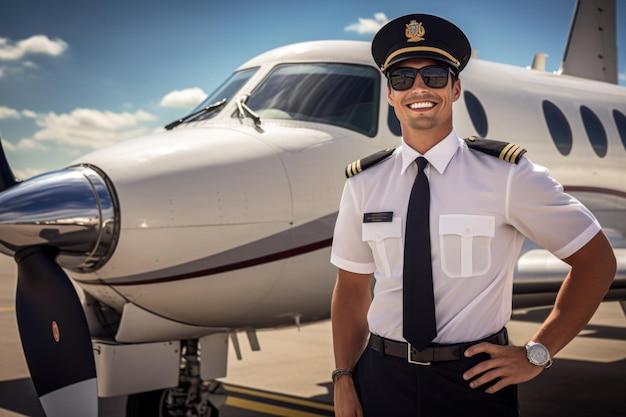 Портрет пилота в солнечных очках в аэропорту возле самолета Уверенный в себе пилот в форме стоит возле частного самолета и улыбается