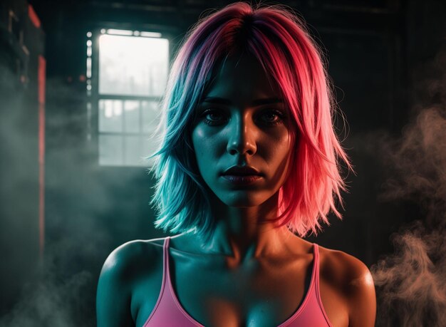 Foto ritratto di una donna dai capelli rosa che indossa una camicia rosa in un ambiente industriale illuminato al neon