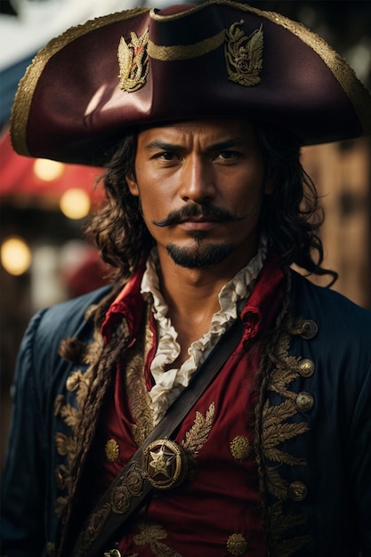 Portrait of a pirate man wearing a hat and costume at a fair