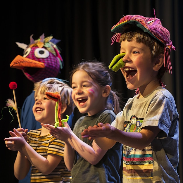 Photo portrait of playful puppet performers kids bringing energy to the stage